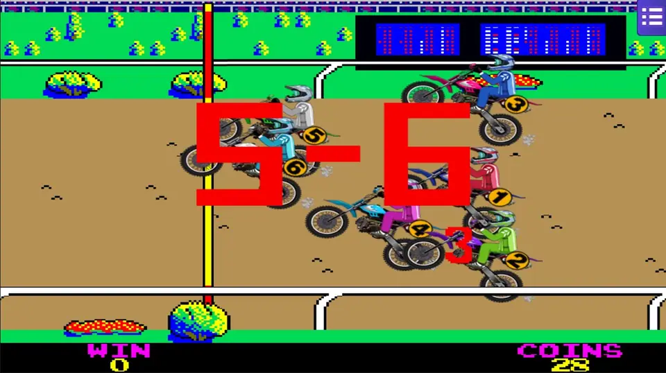Finish line: a large red 5-6 over riders crossing the post, scoreboard in the top right, WIN 0 and COINS 28