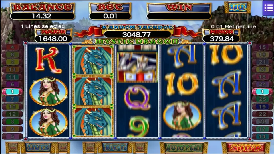Mystic Dragon on one line at 0.01: three blue dragons stacked on reel 2, two maidens on reel 1 and a knight still spinning on reel 3, Random Jackpot 3048.77