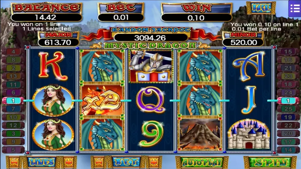 A 0.10 win on line 1: a maiden on reel 1, a flaming x2 tile on reel 2, then a Q, a dragon and a J along the middle row, with the note You won 0.10 on line 1
