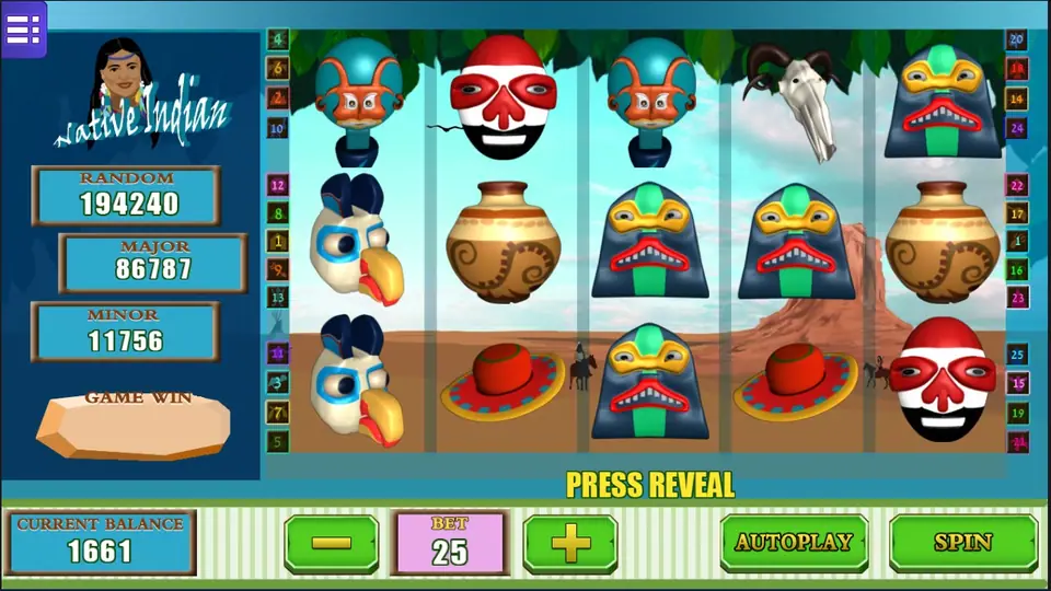 Native Indian at BET 25: eagle masks on reel 1, painted pots on reels 2 and 5, dark totem masks on reels 3, 4 and 5, red hats and red-and-white masks, balance 1661