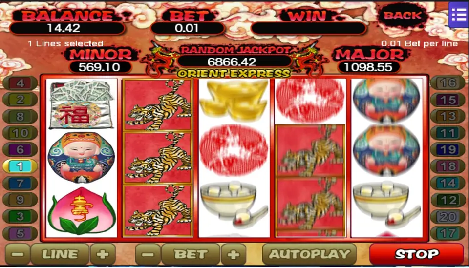 Orient Express mid-spin with the tiger stacked three high on reel 2 and blurred tigers on reel 4, 1 line at 0.01, MINOR 569.10 and MAJOR 1098.55