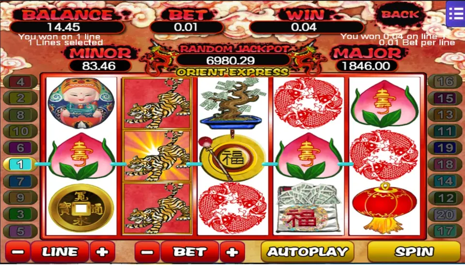 A 0.04 win on line 1: a blue line runs across a peach, a glowing tiger, a 福 plaque, another peach and a koi paper-cut