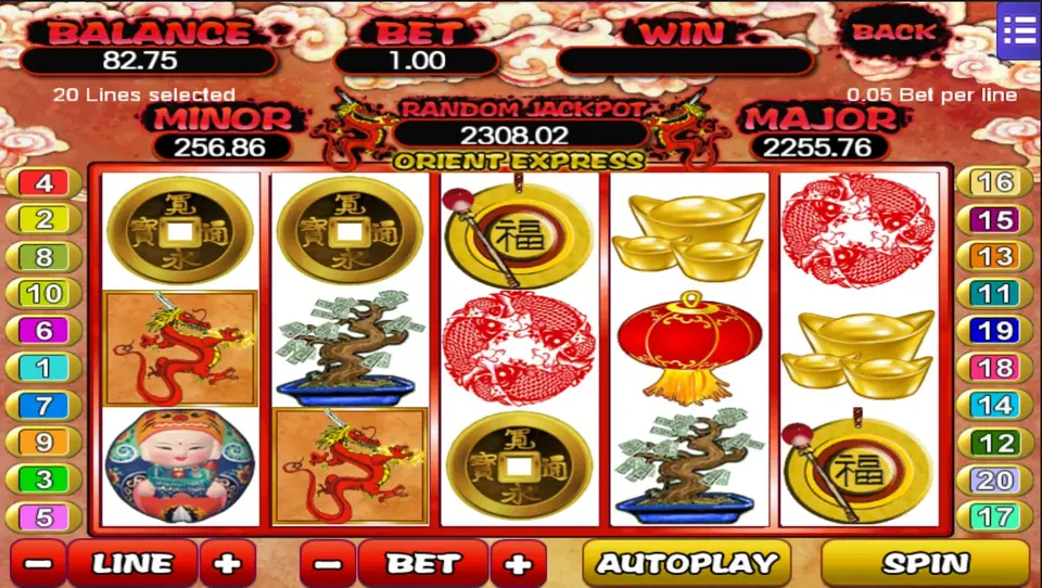 Orient Express reels at 20 lines and 0.05 per line: gold coins, a money bonsai, a red dragon tile, a red lantern, gold ingots and a 福 gong, with MINOR 256.86, RANDOM JACKPOT 2308.02 and MAJOR 2255.76 above