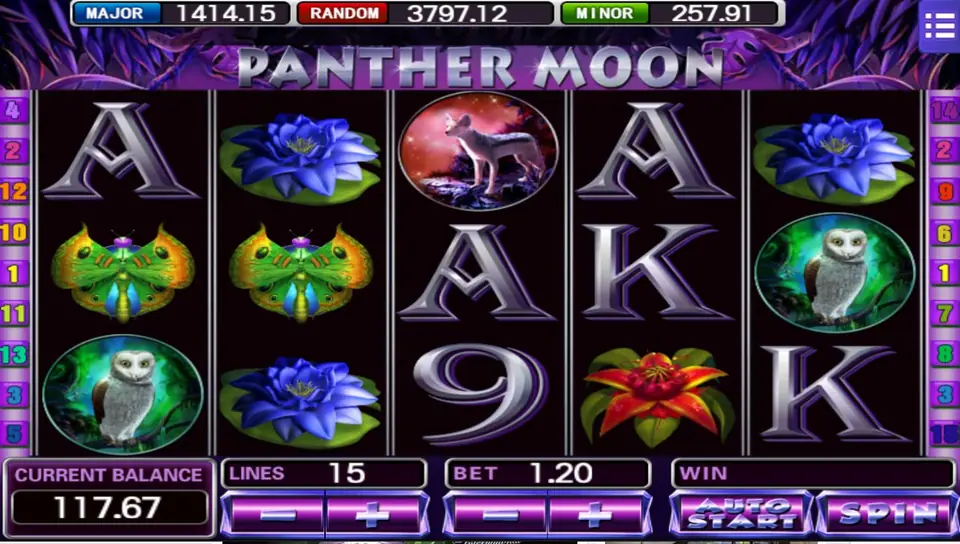 Panther Moon at 15 lines and a 1.20 bet: silver A, K and 9 letters with blue water lilies, green butterflies, a white owl, a red flower and a grey wolf, MAJOR 1414.15, RANDOM 3797.12 and MINOR 257.91 across the top