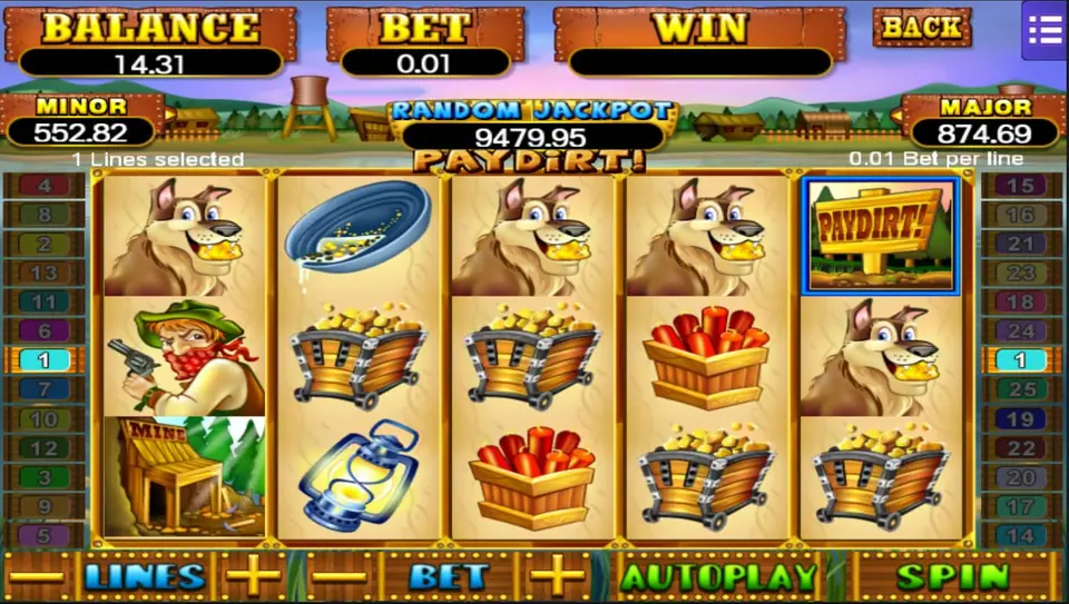 The PAYDIRT signpost framed in blue on reel 5, three grinning dogs across the top row and gold carts below, 1 line at 0.01 per line