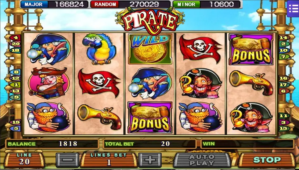 Two BONUS treasure maps on reels 3 and 5 and a WILD coin at the top of reel 3, with the captain, parrot and skull flags around them, TOTAL BET 20