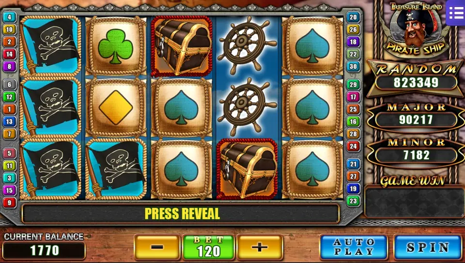 PRESS REVEAL in the message bar over black skull flags stacked on reel 1, two ship's wheels on reel 4 and treasure chests on reels 3 and 4, BET 120, balance 1770