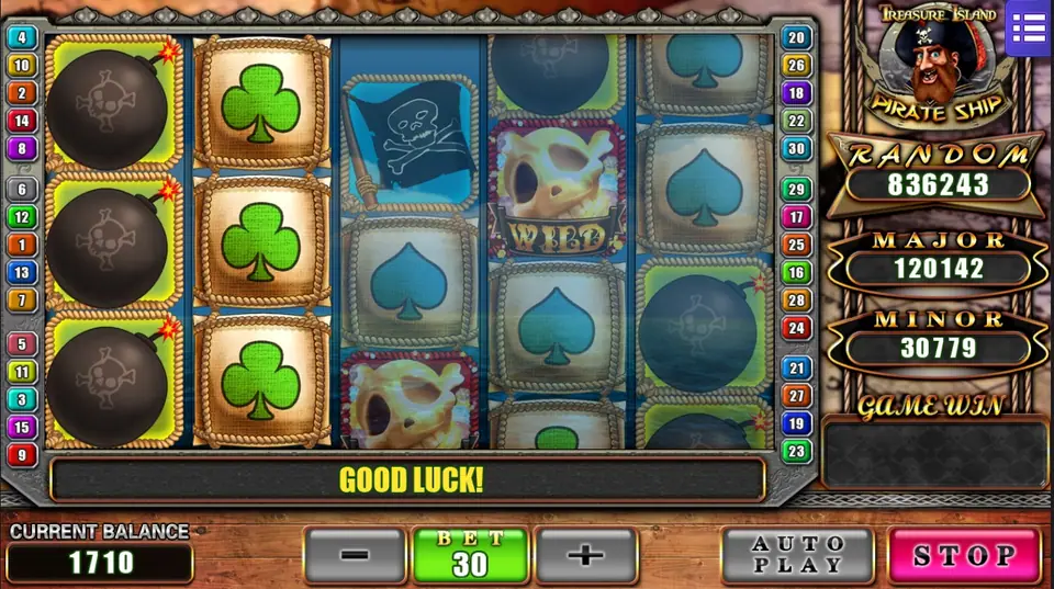 Bombs stacked three high on reel 1, green clubs on reel 2 and a golden skull WILD on reel 4 as the reels slow down, GOOD LUCK in the message bar