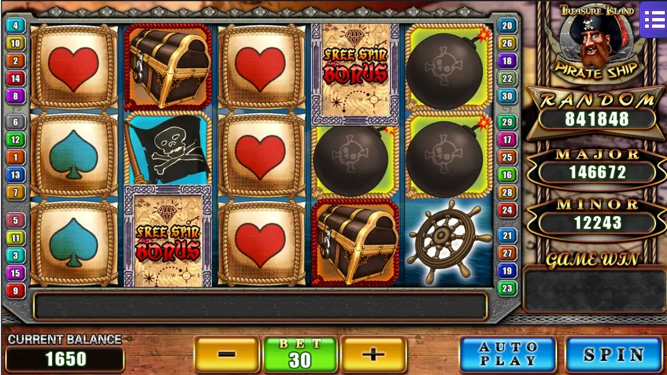 Pirate Ship reels with red hearts and blue spades on rope-framed cushions, two FREE SPIN BONUS scrolls on reels 2 and 4, black bombs on reels 4 and 5, treasure chests and a ship's wheel, BET 30, balance 1650