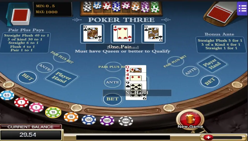 A losing hand: the dealer's Q, 4, Q marked One Pair against the player's Q, 4, 9 marked No Hand, no chips left on the table and a New Game button, balance 29.54