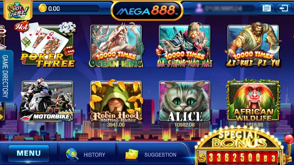 Mega888 lobby after login: the Mega888 logo in the top bar with the balance on the left and the username on the right, game tiles for Poker Three, Ocean King, Motorbike, Robin Hood, Alice and African Wildlife, and MENU, HISTORY and SUGGESTION along the bottom