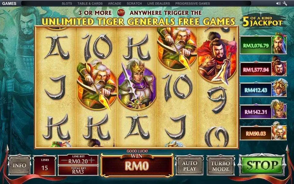 Five Tiger Generals mid-spin with a banner reading 3 OR MORE ANYWHERE TRIGGER THE UNLIMITED TIGER GENERALS FREE GAMES and the SPIN button turned to STOP
