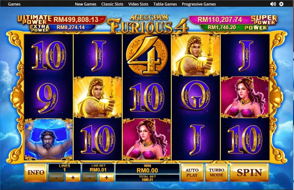 Furious 4 reels on a starry purple background: the gold 4 coin on reel 3, the golden archer on reels 2 and 4, the woman in pink on reels 3 and 5, and Atlas bottom-left