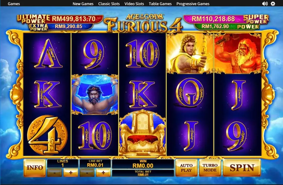 Furious 4 with the golden throne on reel 3, the archer and the red-bearded smith on reels 4 and 5, and the 4 coin bottom-left