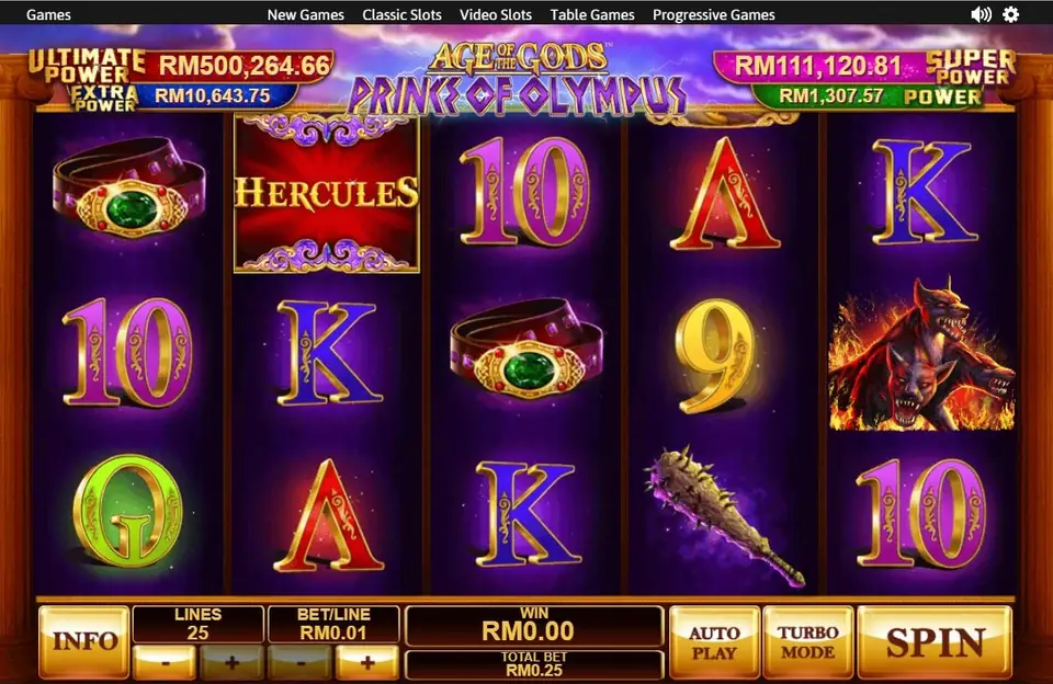Prince of Olympus reels with a red HERCULES logo tile on reel 2, jewelled belts on reels 1 and 3, a spiked club on reel 4 and a flaming two-headed dog on reel 5, 25 lines at RM0.01