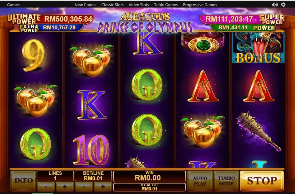 Prince of Olympus mid-spin with golden apples on reels 1 to 4 and a Hydra BONUS tile on reel 5
