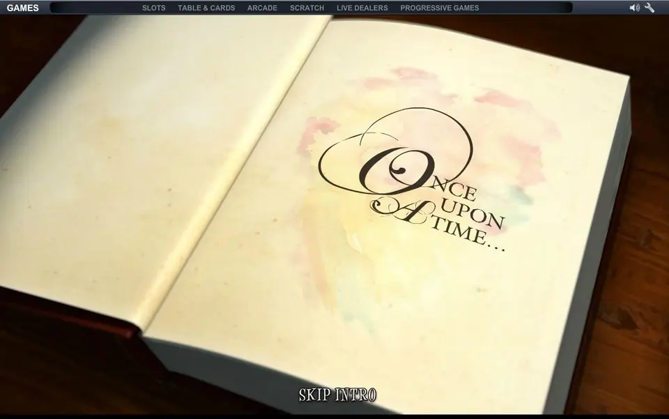 Storybook intro screen showing an open book with Once Upon A Time written on the page and a SKIP INTRO button