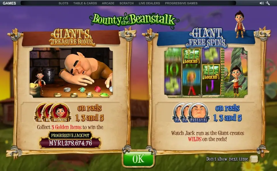 Info screen with the Giant's Treasure Bonus on the left, showing the sleeping giant and three Jack BONUS symbols on reels 1, 3 and 5, and Giant Free Spins on the right with three giant FREE SPINS symbols
