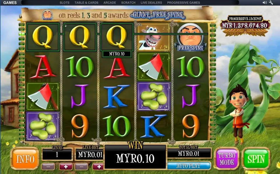 Bounty of the Beanstalk reels with three yellow Qs won on line 1 for MYR0.10, a grinning cow and the giant's FREE SPINS face on reels 4 and 5, Jack standing by the beanstalk and the progressive jackpot at MYR1,278,674.80