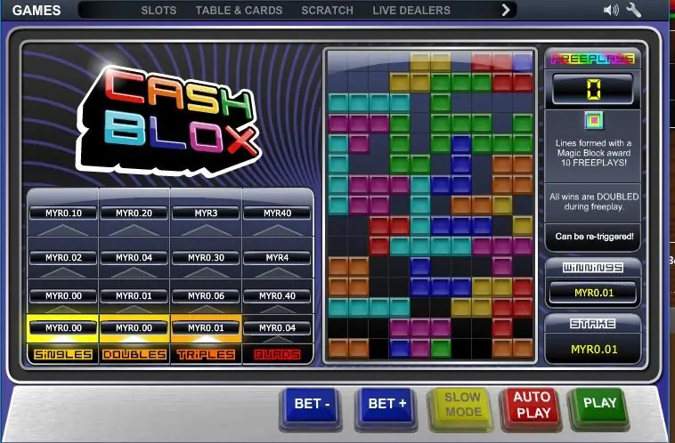 Cash Blox with the well packed with blocks, the bottom row of the prize table lit yellow under Singles, Doubles and Triples, WINNINGS MYR0.01 and STAKE MYR0.01