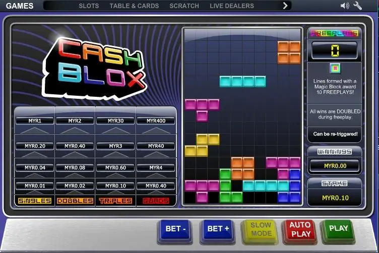 Cash Blox screen with a half-filled block well, the prize table on the left from MYR0.01 Singles up to MYR400 Quads, FREEPLAYS 0, and STAKE MYR0.10
