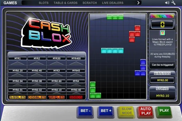 Cash Blox early in a game with a cyan bar, red and green pieces and blue blocks in the well, stake MYR0.10