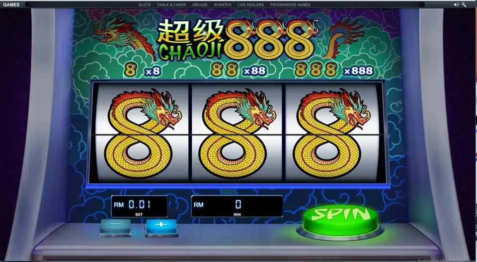 Chao Ji 888 with three full dragon 8s lined up across the reels, BET RM0.01 and WIN still showing 0