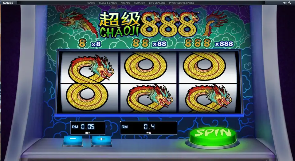 Chao Ji 888 three-reel machine with dragon-shaped gold 8s on the reels, the x8, x88 and x888 prizes above, BET RM0.05 and WIN RM0.4