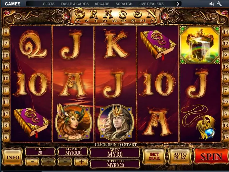 Dragon Kingdom reels over a red volcanic valley, with a spell book and the floating castle on reel 4 and 5, the elf warrior and the feathered woman on reels 2 and 3, 20 lines at MYR0.01