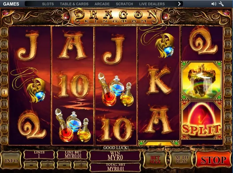 Dragon Kingdom with the floating castle and the red SPLIT egg stacked on reel 5, potions on reels 2 and 3