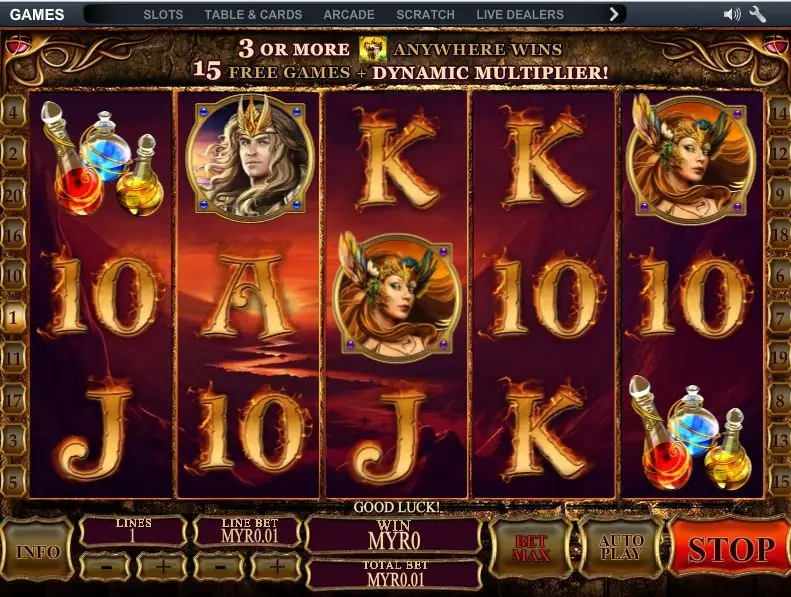 Dragon Kingdom with the banner 3 OR MORE ANYWHERE WINS 15 FREE GAMES + DYNAMIC MULTIPLIER, and the feathered woman on reels 3 and 5