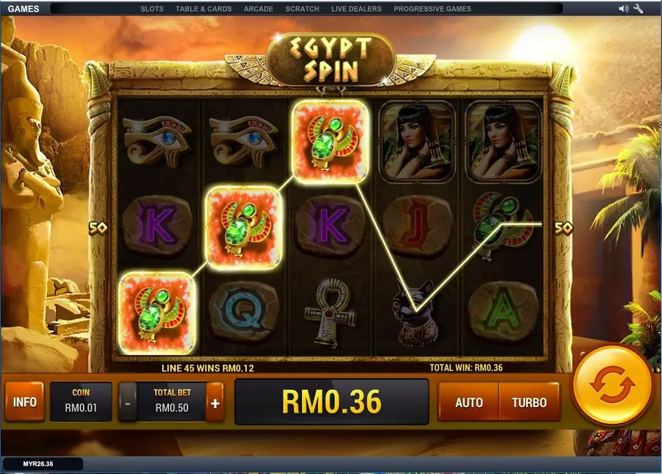 Egypt Spin reels with three green scarab symbols lit up on line 45 for RM0.12, a Cleopatra figure on reels 4 and 5, and a total win of RM0.36 on a RM0.50 bet