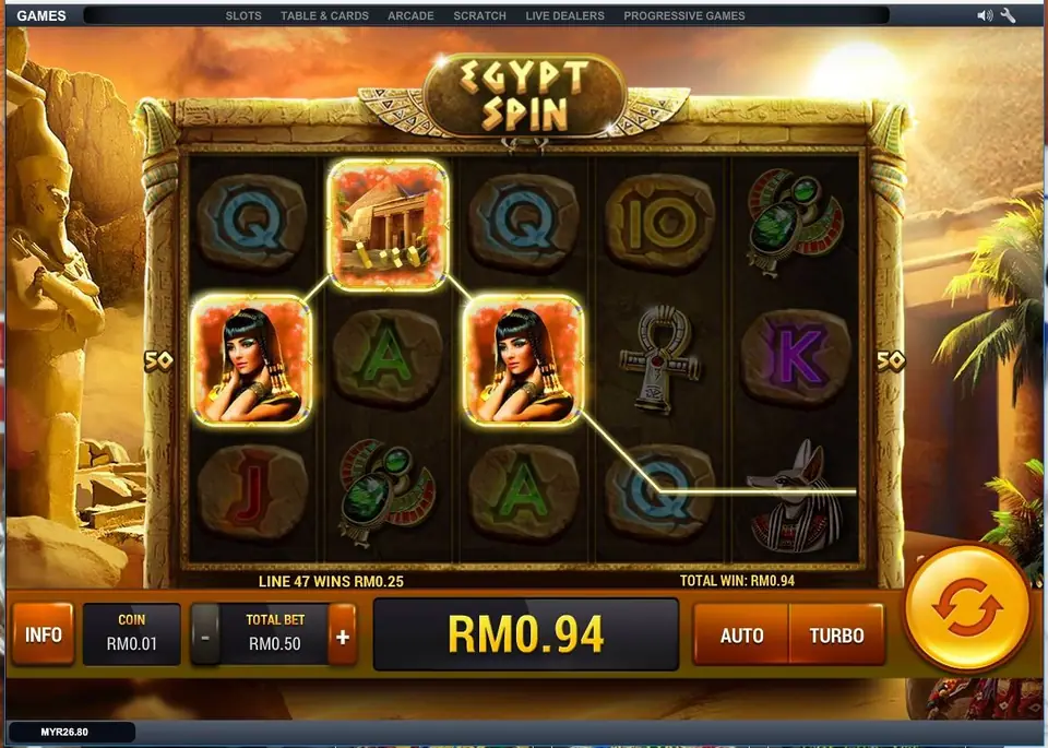 Egypt Spin win on line 47 for RM0.25: Cleopatra on reel 1, the temple tile on reel 2 and Cleopatra on reel 3, total win RM0.94