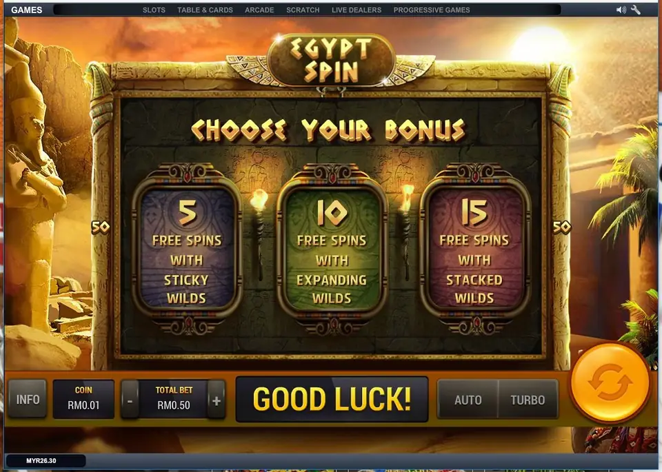 Choose Your Bonus screen with three panels: 5 free spins with sticky wilds, 10 with expanding wilds, 15 with stacked wilds