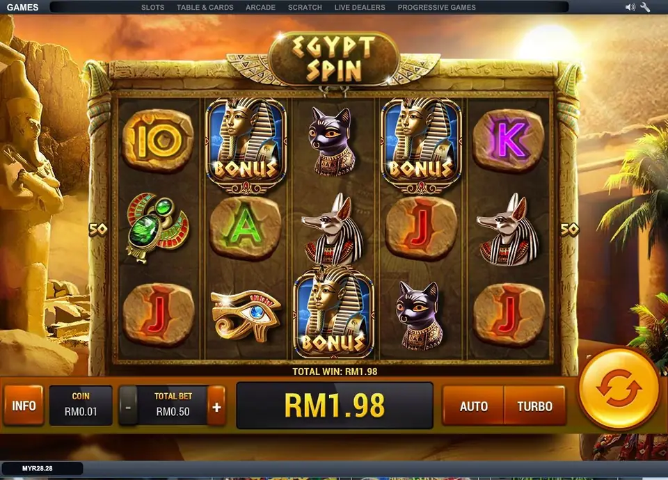 Egypt Spin with three pharaoh BONUS symbols on reels 2, 3 and 4, a black cat, Anubis heads and TOTAL WIN RM1.98