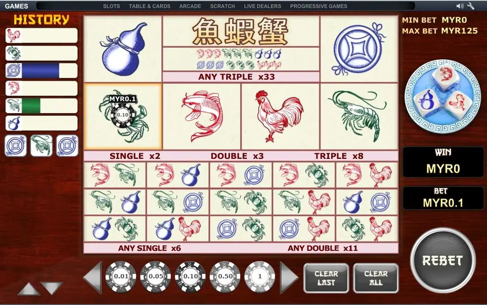 Fish Prawn Crab after a toss: a MYR0.1 chip on the crab, the plate showing prawn, gourd and fish dice, WIN MYR0, and a REBET button