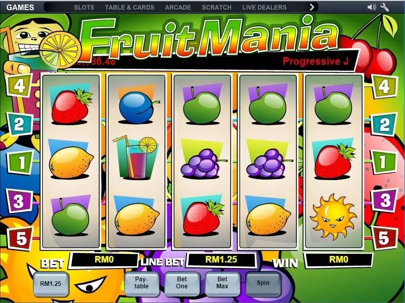 Fruit Mania reels with strawberries, lemons, green apples, grapes, a plum, a fruit drink with a straw and a grinning sun, line markers 1 to 5 either side and a Progressive Jackpot ticker at the top