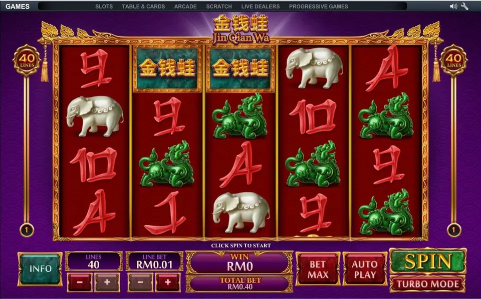 Jin Qian Wa reels on red lacquer with white jade elephants, green jade dragon figures and two gold-lettered logo tiles on reels 2 and 3, 40 lines at RM0.01