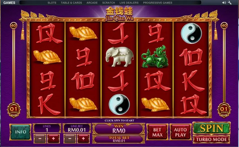 Jin Qian Wa with gold turtles on reels 1, 2 and 5, yin-yang discs on reels 3 and 5, and a jade elephant on reel 3, on one line at RM0.01