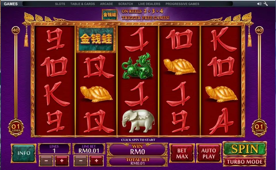 Jin Qian Wa with the banner Jin Qian Wa ON REELS 2 + 3 + 4 TRIGGER FREE GAMES, a logo tile on reel 2, gold turtles on reels 2, 4 and 5 and a jade elephant on reel 3