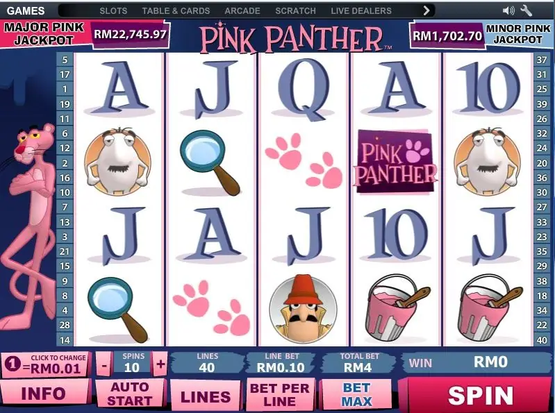 Pink Panther reels with the Inspector, magnifying glasses, pink paw prints, paint buckets and a Pink Panther logo tile, the Major Pink Jackpot at RM22,745.97 and Minor at RM1,702.70, 40 lines at RM0.10 for RM4
