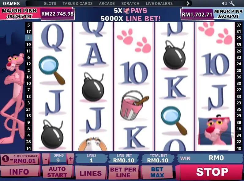 Pink Panther mid-spin with the banner 5X PAYS 5000X LINE BET across the top, bombs on reels 1, 2 and 4 and the panther's head on reel 5