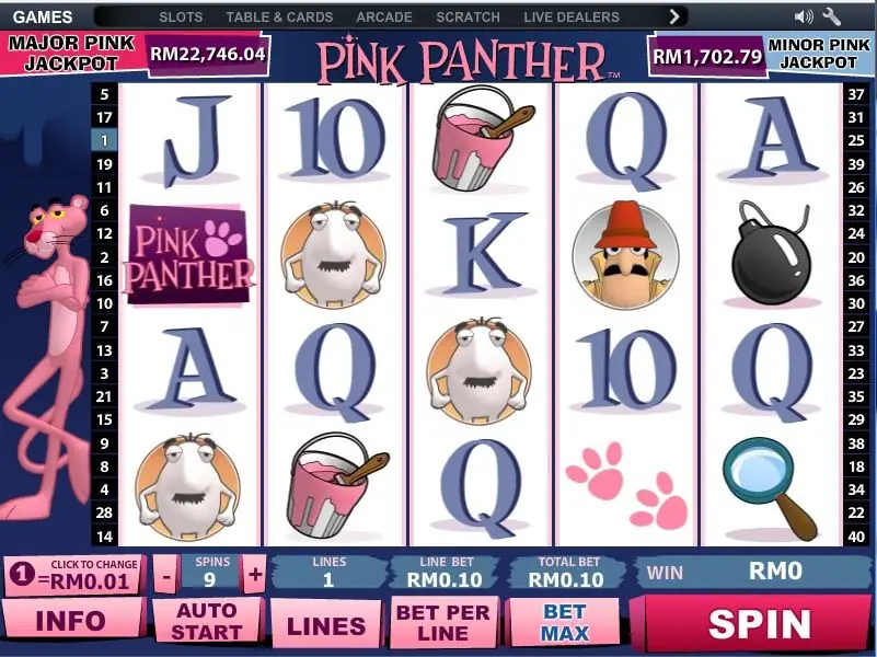 Pink Panther with the Pink Panther logo tile on reel 1, the white-faced character on reels 2 and 3, the Inspector on reel 4 and a bomb on reel 5