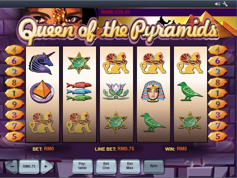 Queen of the Pyramids with sphinxes on reels 1 to 5, a pharaoh mask on reel 4, a lotus on reel 3 and a unicorn head top-left, BET RM0 and LINE BET RM0.75