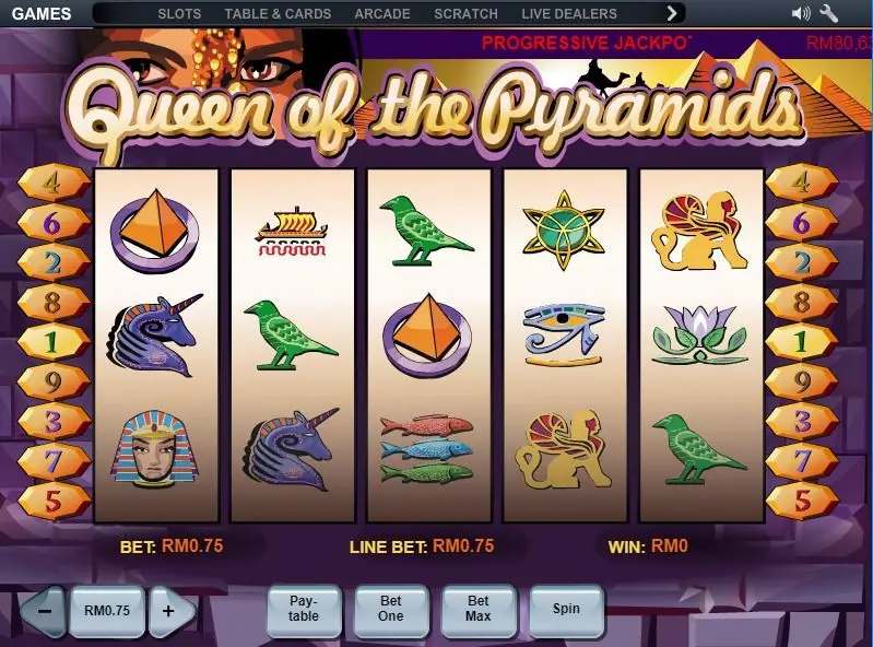 Queen of the Pyramids reels with a pyramid, a blue unicorn head, a pharaoh mask, a golden boat, green birds, three fish, a star emblem, the Eye of Horus, a sphinx and a lotus, line markers 1 to 9 either side, LINE BET RM0.75