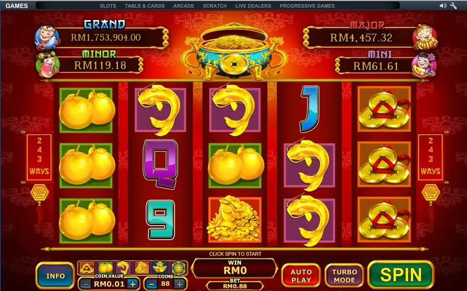 Ri Ri Sheng Cai reels with gold oranges on reel 1, gold koi on reels 2 to 4, gold coin charms on reel 5 and a gold toad, bet RM0.88 at 88 coins, and the Grand, Major, Minor and Mini jackpots above