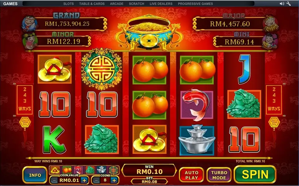 Ri Ri Sheng Cai at 8 coins (RM0.08) with orange pairs, a red koi, jade toads, a silver ingot and the round jackpot emblem on reel 2, WIN RM0.10