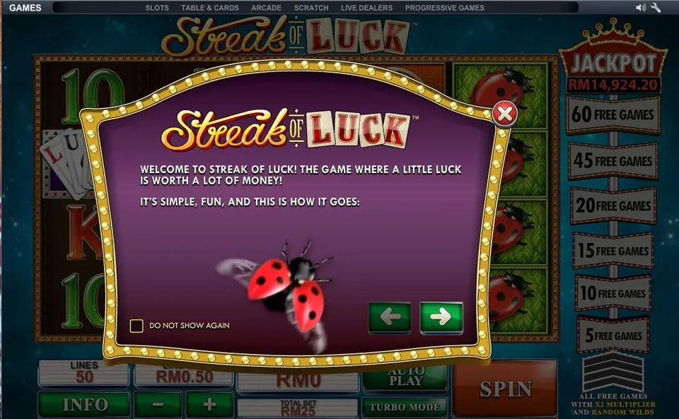 Streak of Luck welcome pop-up in a gold-bulb frame with a ladybird and the text Welcome to Streak of Luck