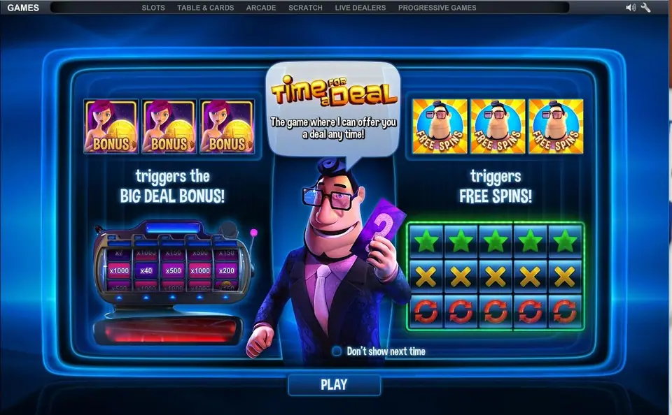 Time for a Deal info screen: three BONUS assistant symbols trigger the Big Deal Bonus, shown as a multiplier slot machine; three FREE SPINS host symbols trigger free spins, shown as a grid of stars, crosses and arrows