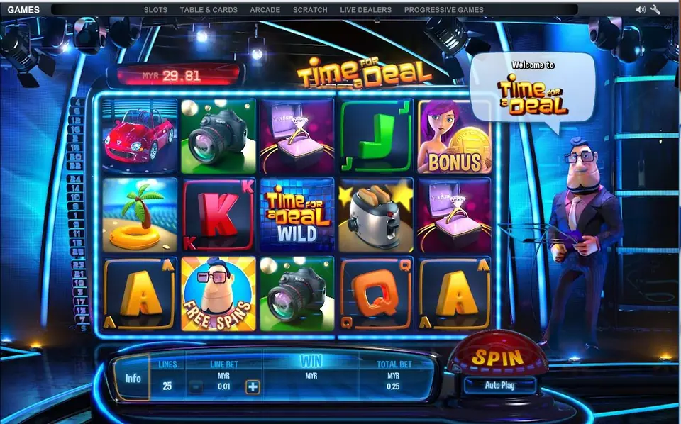 Time for a Deal base game with the host saying Welcome to Time for a Deal, a sports car, cameras, a ring box, the WILD tile and a BONUS symbol on the reels